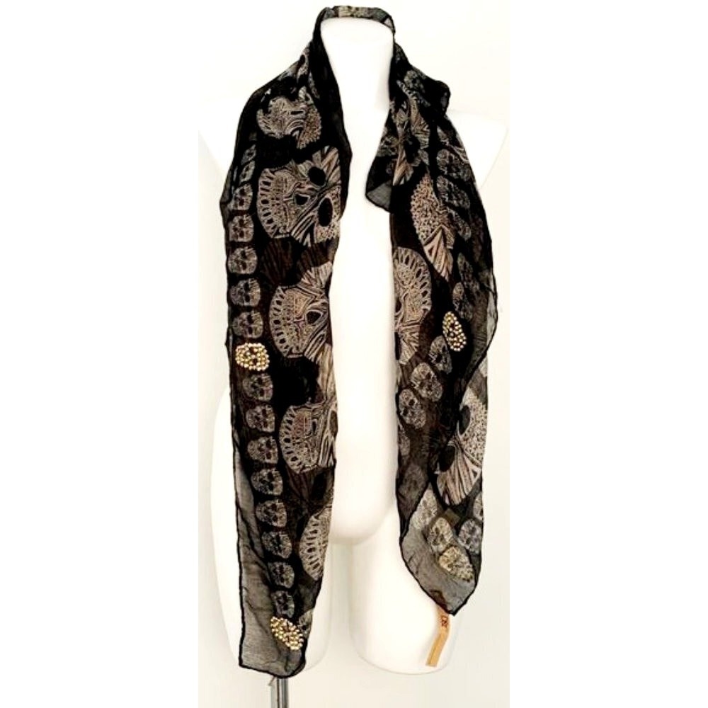 Skull Black Gold Bling Scarf Sarong Wrap Oblong 44" W x 68"L Goth Whimsigoth NEW